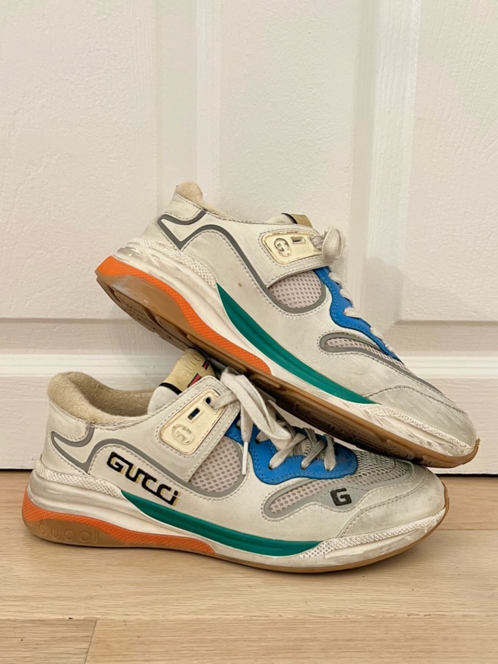Gucci Ultrapace Distressed Leather Sneakers with Blue, Green & Orange Accents 7